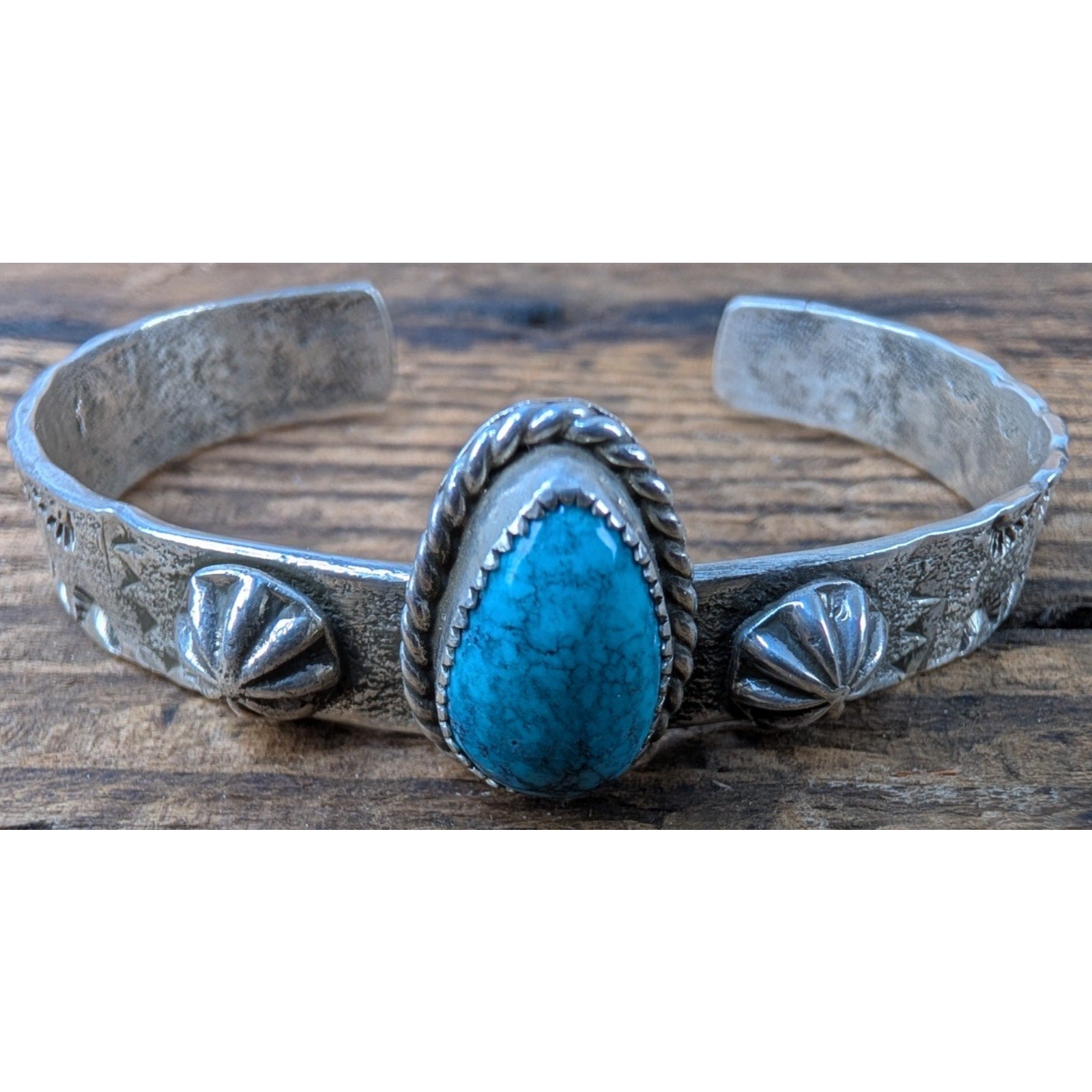 Ruben Castillo Turquoise Sterling Silver 925 Native Cuff Tufa Cast & Stamped