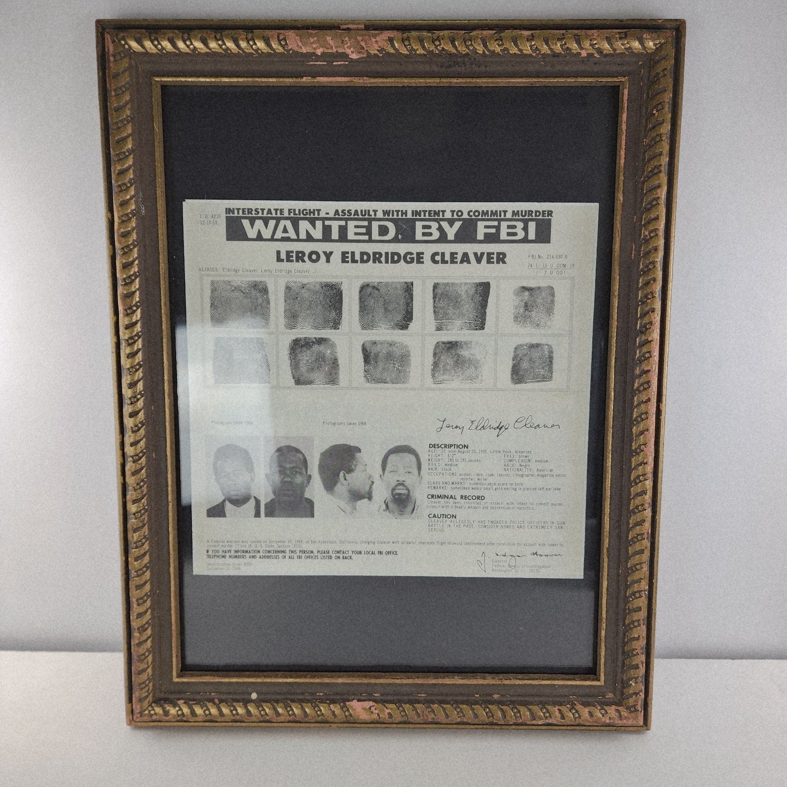 1968 FBI Wanted Poster Leroy Eldridge Cleaver Framed JE Hoover Black Panther