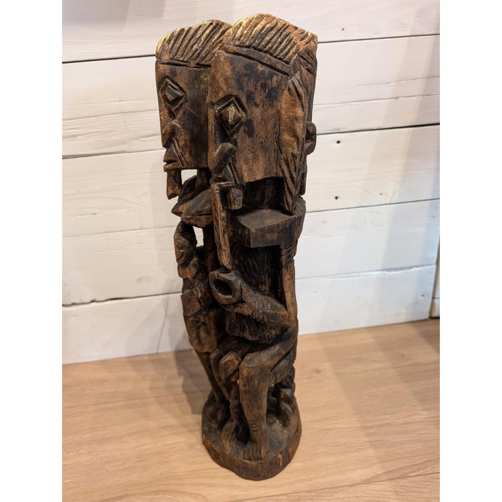 African DOGON Marriage Statue Wood Carved Couple and Children Figure 21"