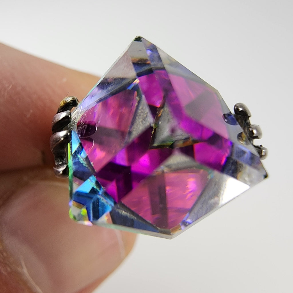 Hands w Iridescent Dichroic Cube Ring Size 7 1/2 Sterling Silver 925 Modernist