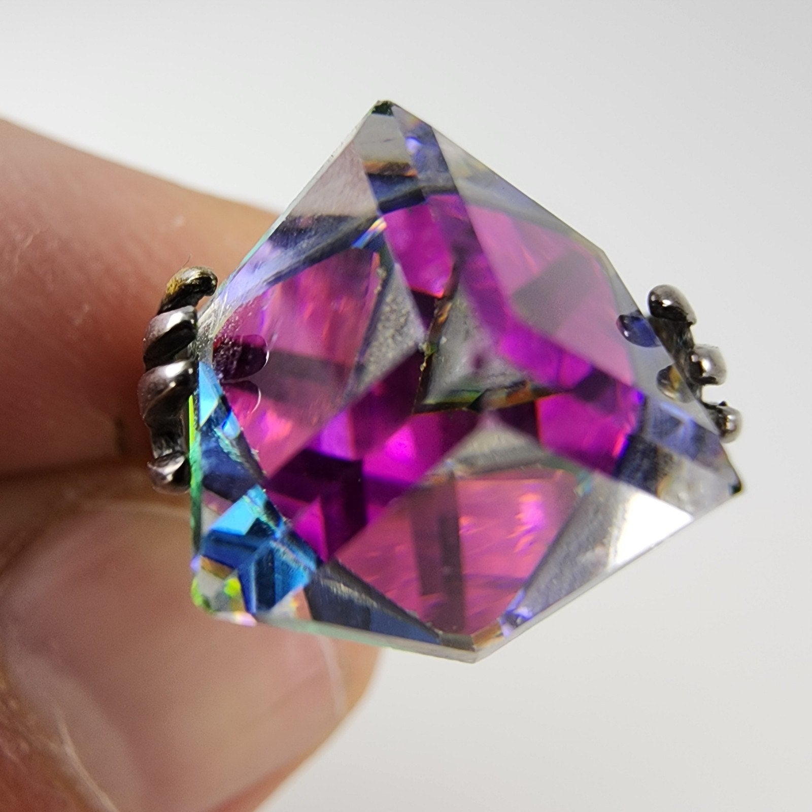 Hands w Iridescent Dichroic Cube Ring Size 7 1/2 Sterling Silver 925 Modernist