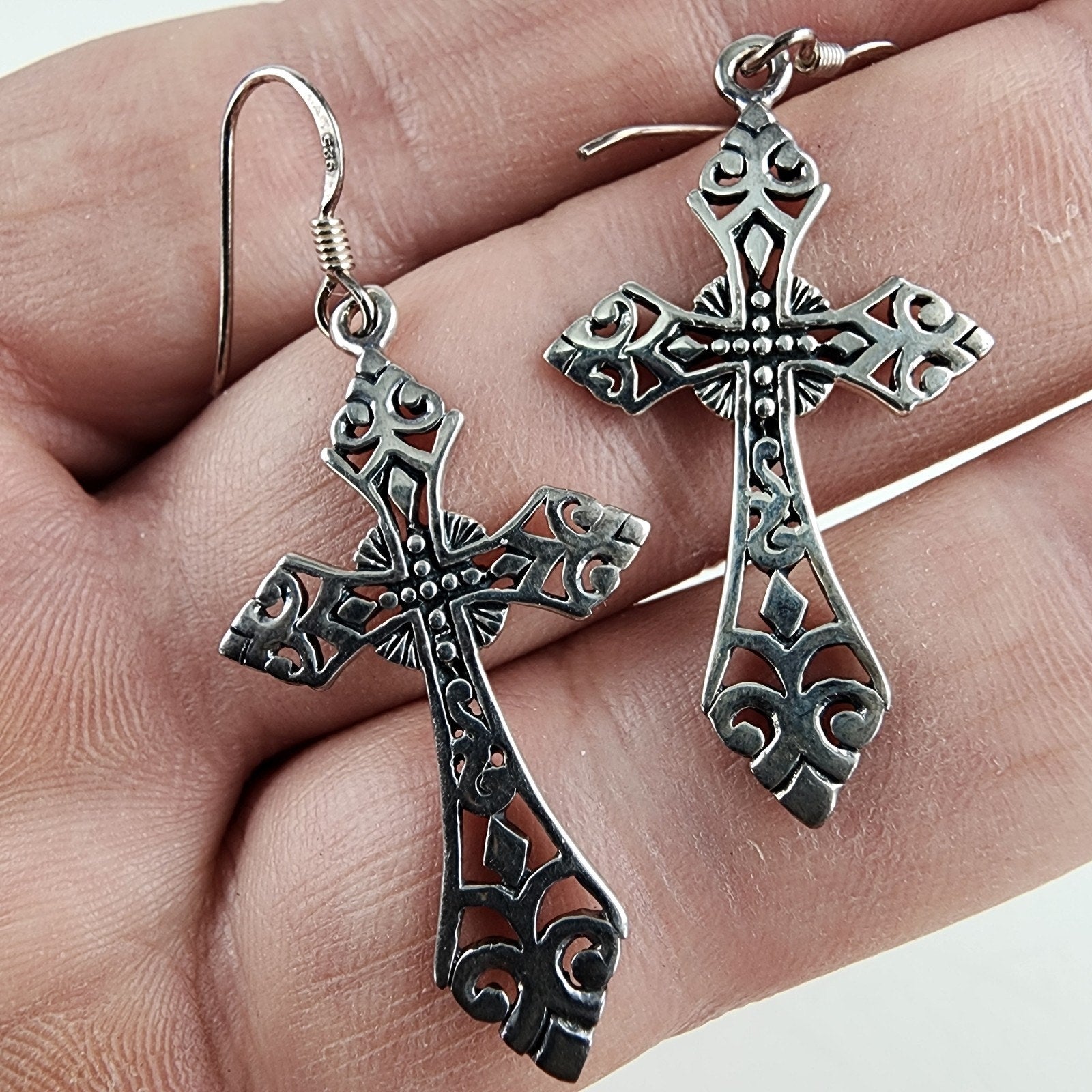 Celtic Cross Sterling Silver 925 Fish Hook Dangle Earrings