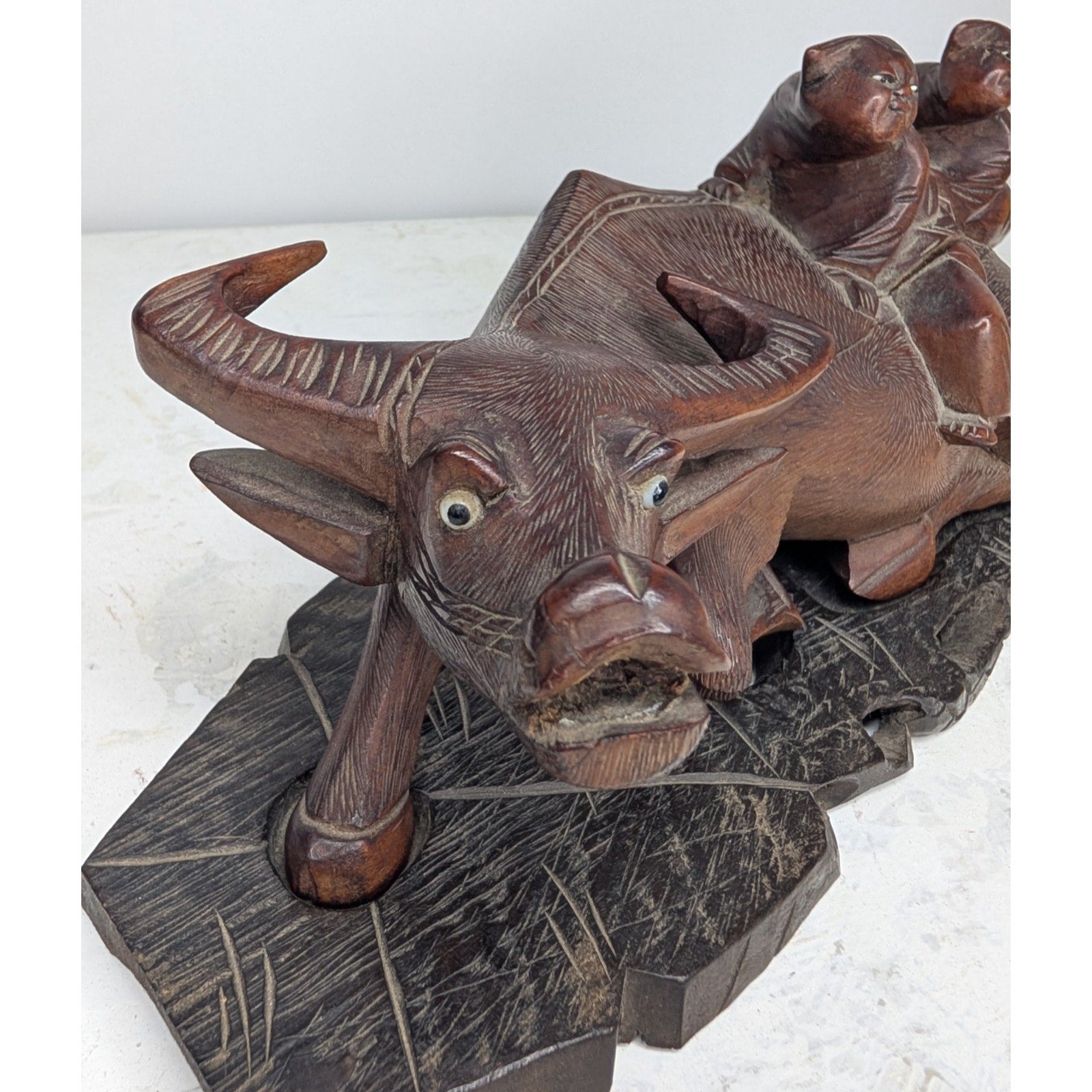 Chinese Water Buffalo Hand Carved Statue w/ Stand Antique Republic Period