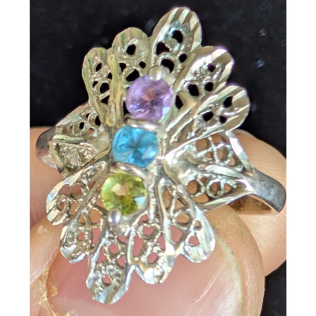 Filigree Ring in Sterling Silver 925 with Amethyst Peridot & Topaz Size 8