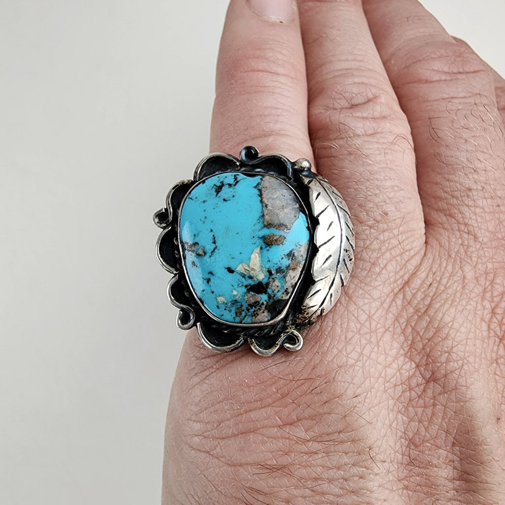 Old Pawn Turquoise Statement Ring Size 8 1/2 Sterling Silver 925 Vintage