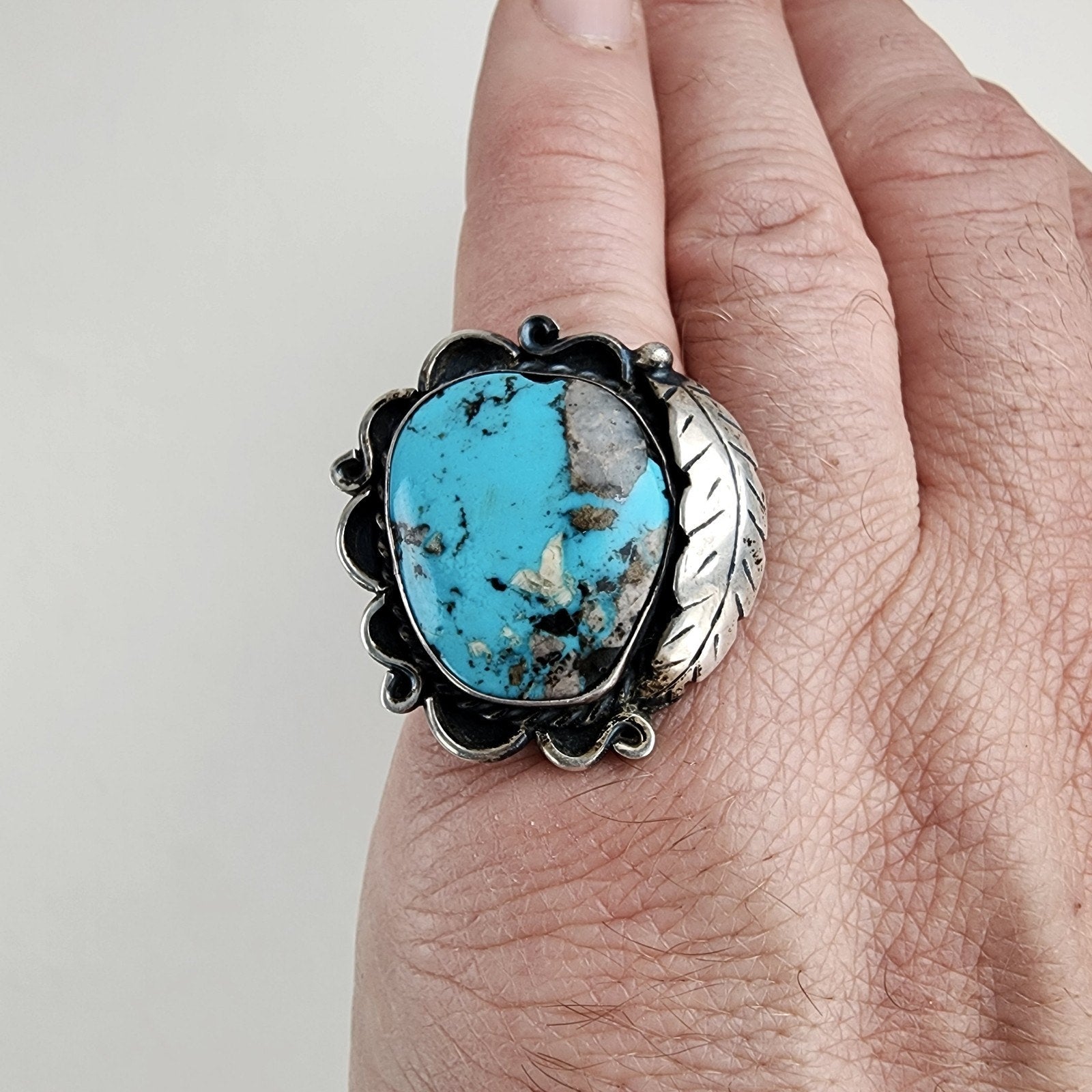 Old Pawn Turquoise Statement Ring Size 8 1/2 Sterling Silver 925 Vintage