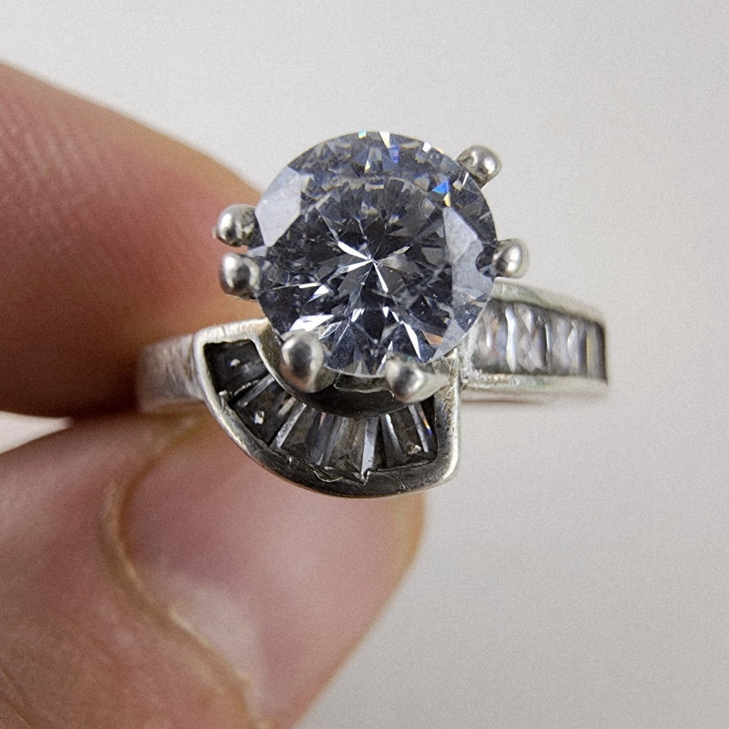 Modernist Quartz Round & Baguette Ring Size 7 Sterling Silver 925 Vintage
