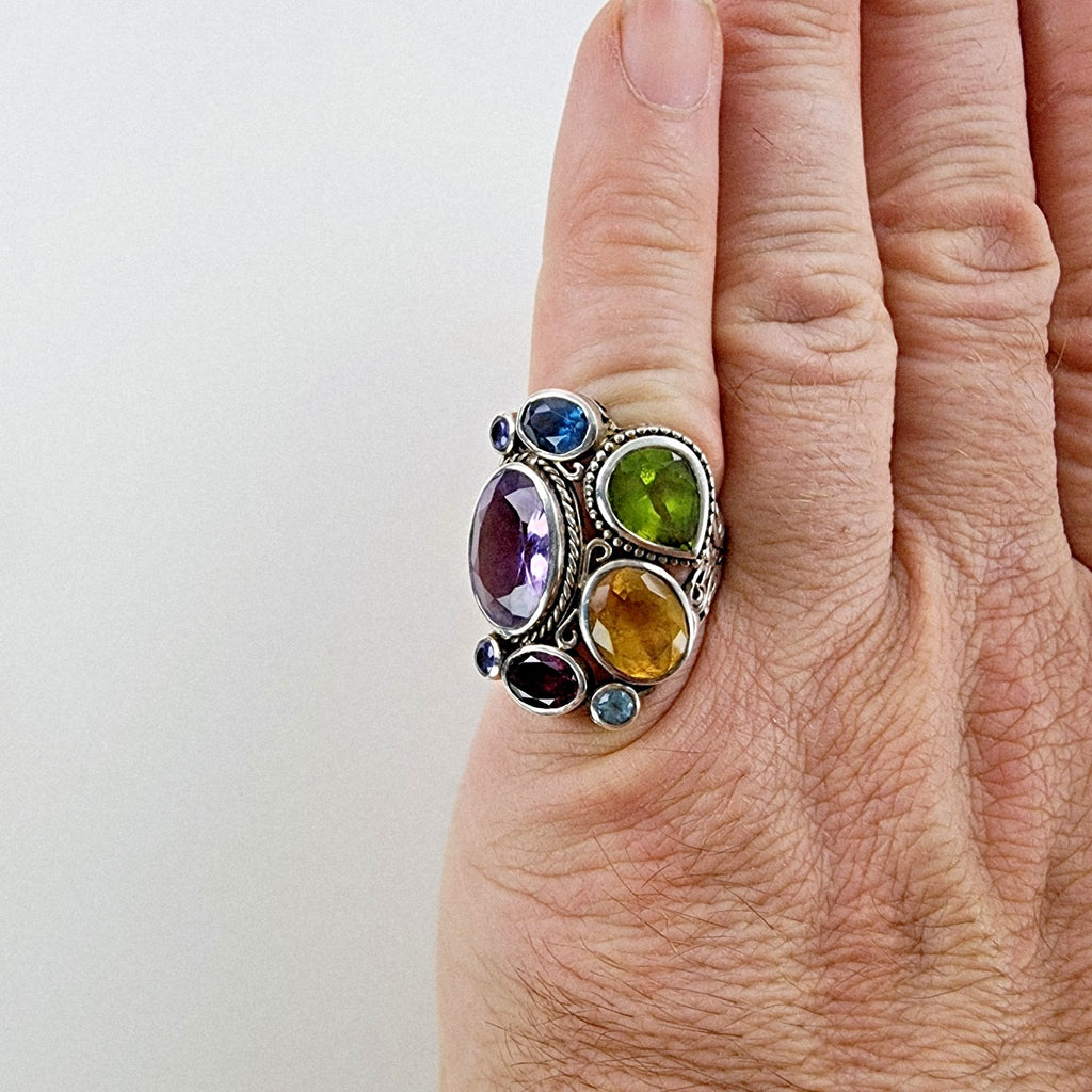 Designer Gemstone Cluster Ring Size 8 1/2 Sterling Silver 925 Vintage