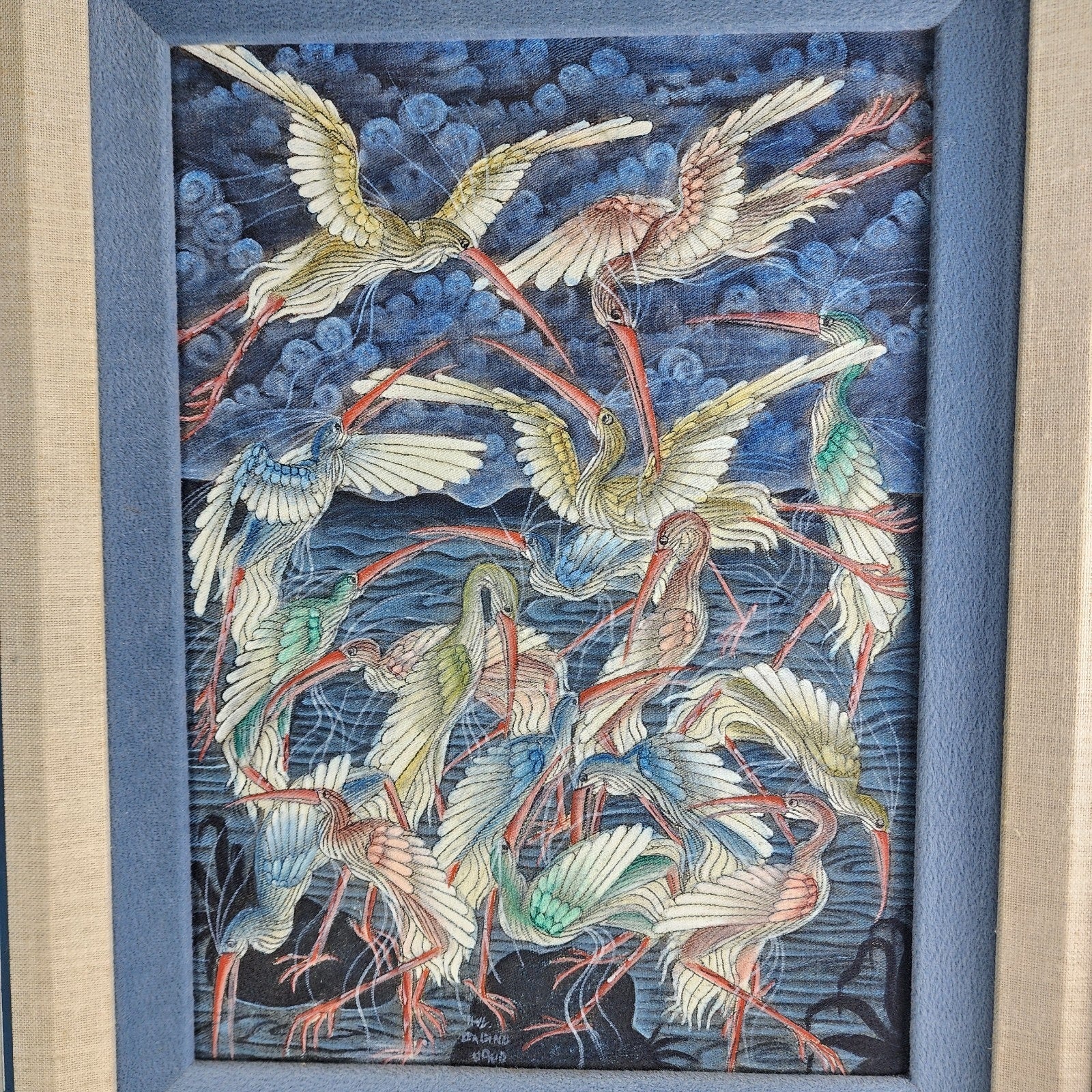 Heron Painting on Fabric by I Wayan Balik Framed Ubud Bali Indonesia