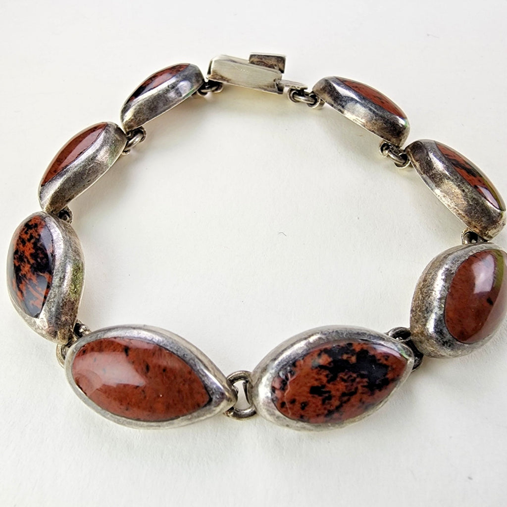 7 1/2" Mahogany Obsidian Inlay Taxco Bracelet Sterling Silver 950