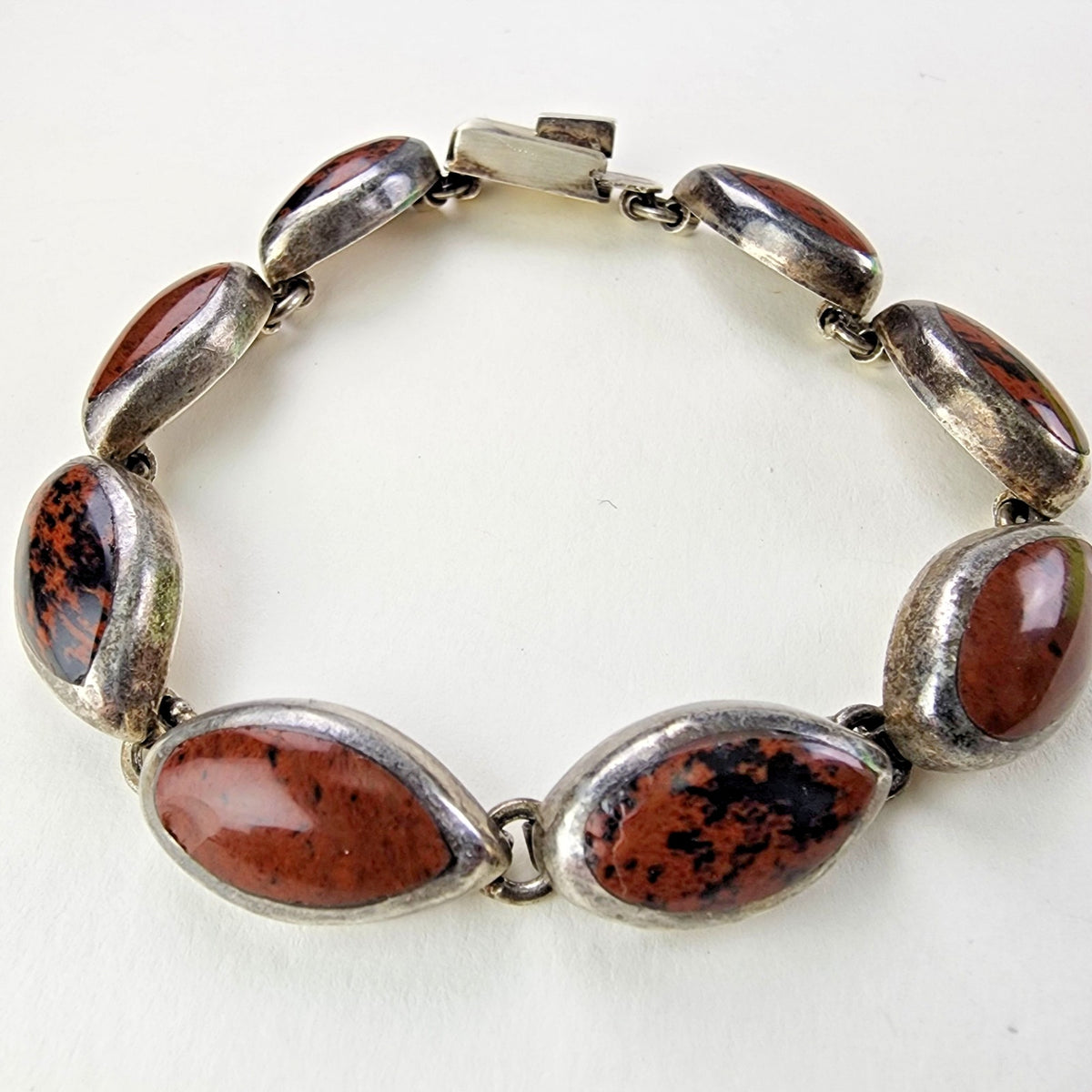 7 1/2" Mahogany Obsidian Inlay Taxco Bracelet Sterling Silver 950