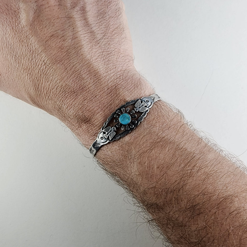 Fred Harvey Era Turquoise Stamped Thunderbird Bracelet in Sterling Silver 925