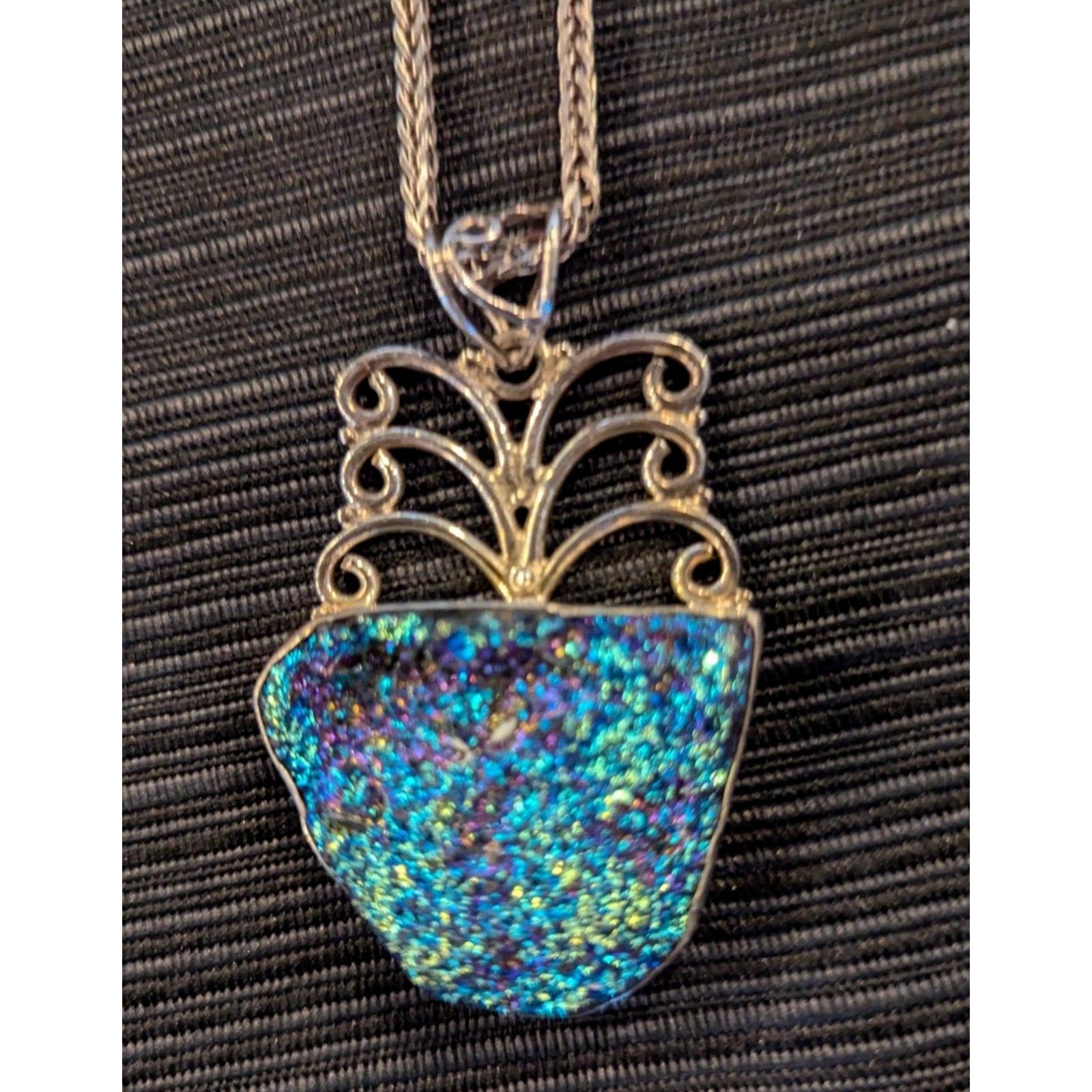Peacock Druzy Pendant Sterling Silver 925 Rainbow Oil Slick Color