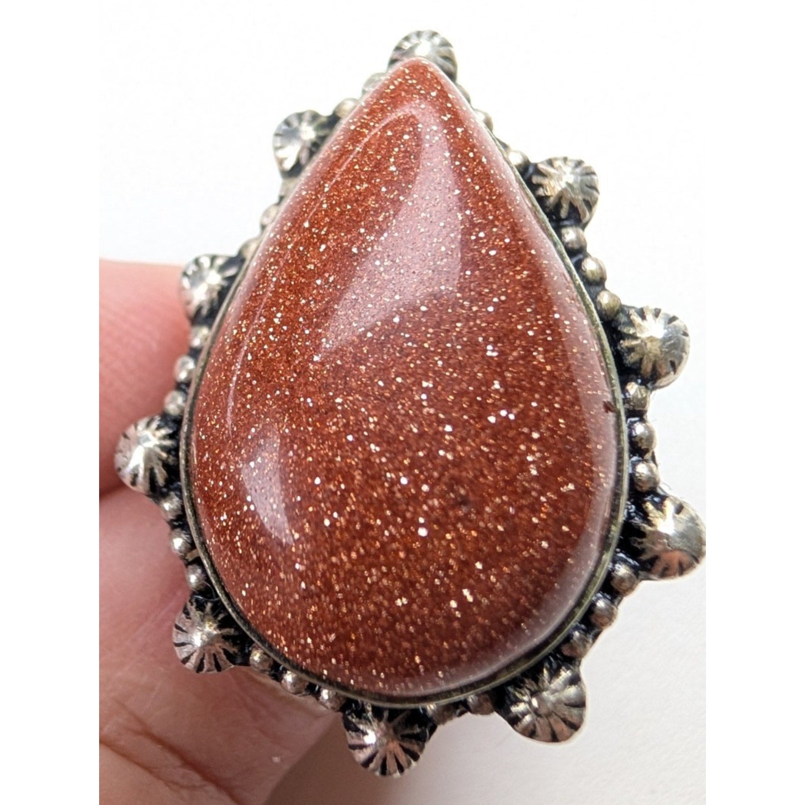 Southwestern Orange Sunstone Sterling Silver 925 Beaded Ring Size 9