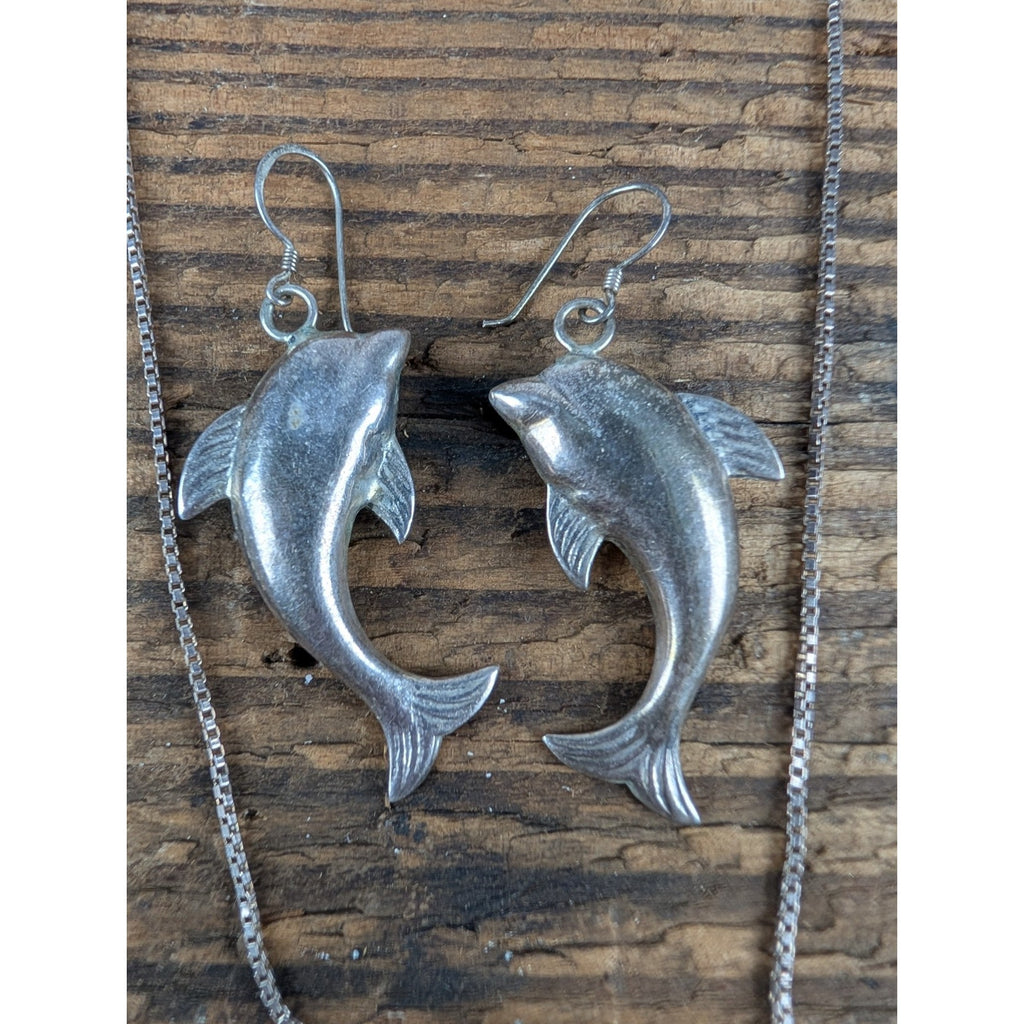 Vintage Dolphin Sterling Silver 925 Necklace and Earrings Set