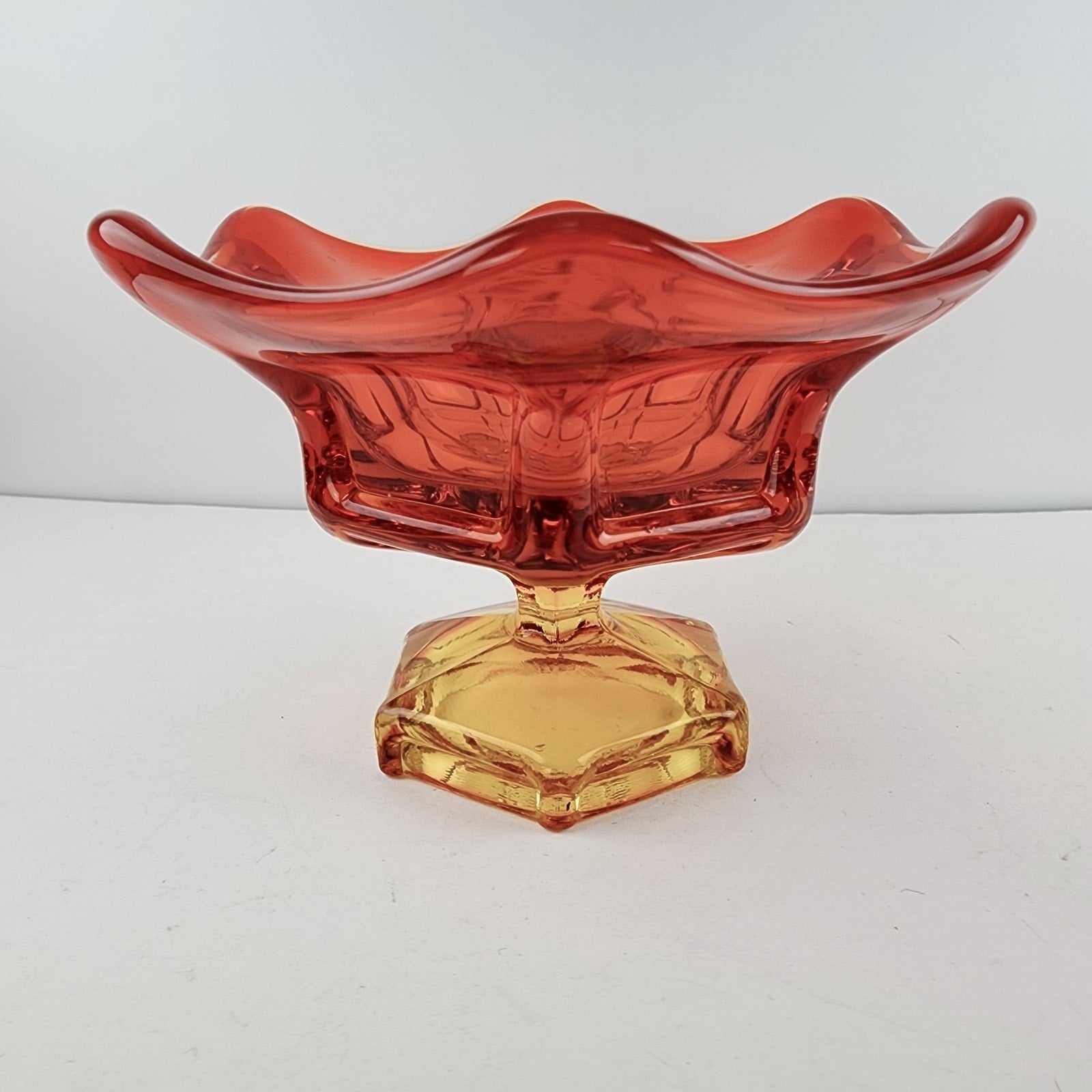 Viking Glass Epic Six Petal Amberina Flame Pedestal Bowl UV Vaseline Glass