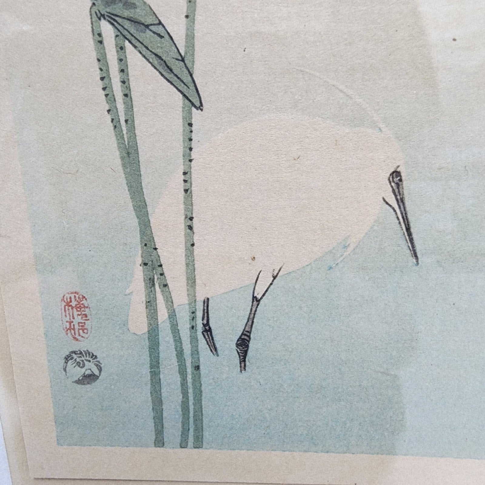 White Heron and Lotus by Okada Baison Signed Japanese Woodblock Print Meiji Era