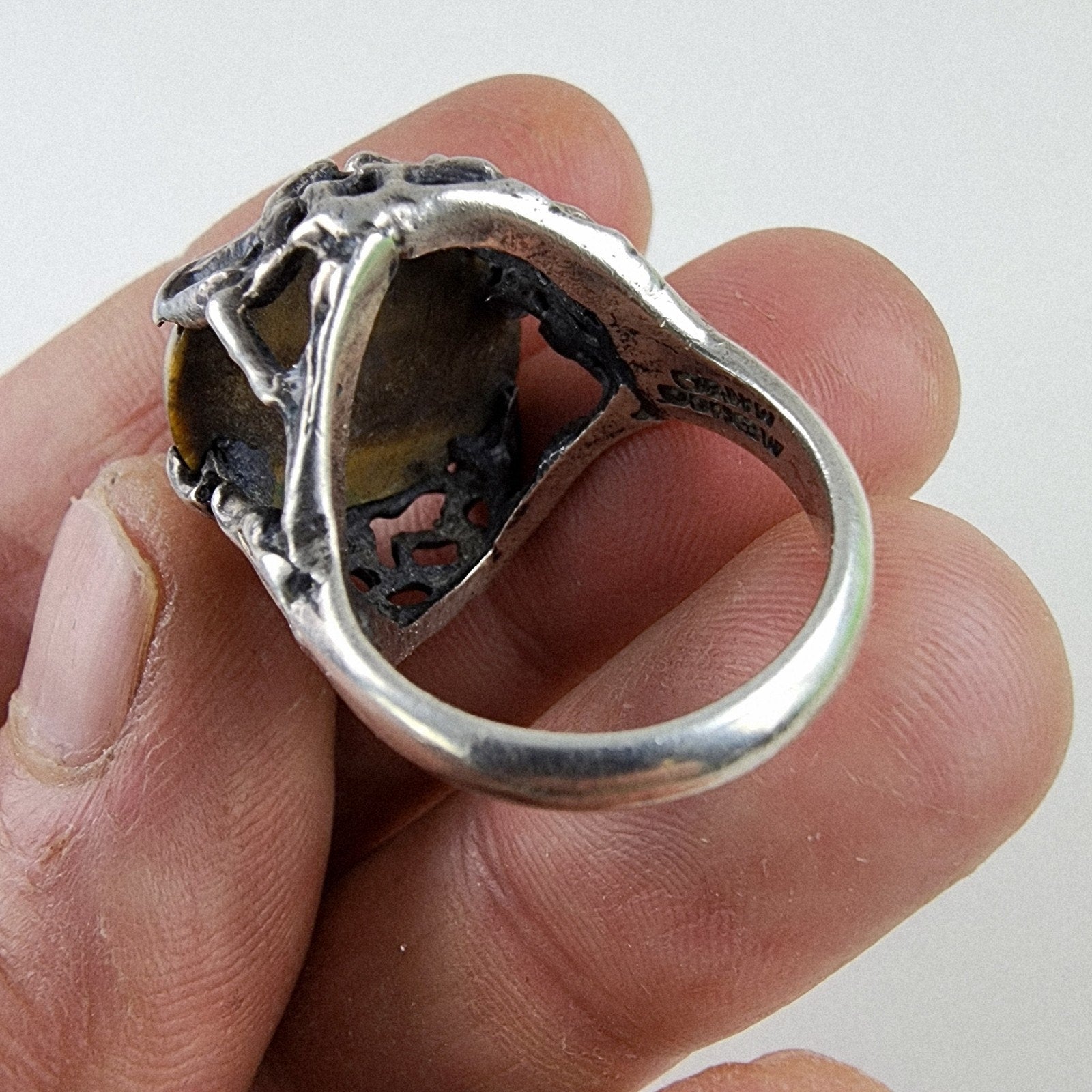 Brutalist Tigers Eye Cabochon Taxco Ring Size 8 by Mateo Sterling Silver 950 925