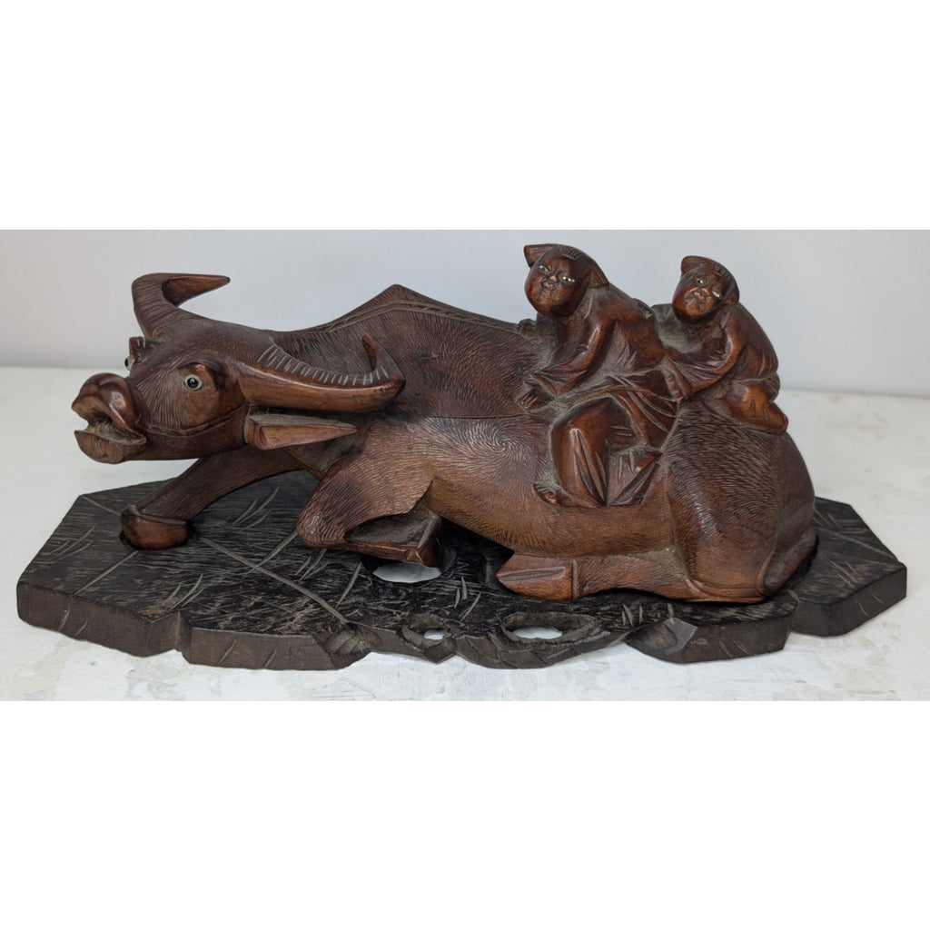 Chinese Water Buffalo Hand Carved Statue w/ Stand Antique Republic Period