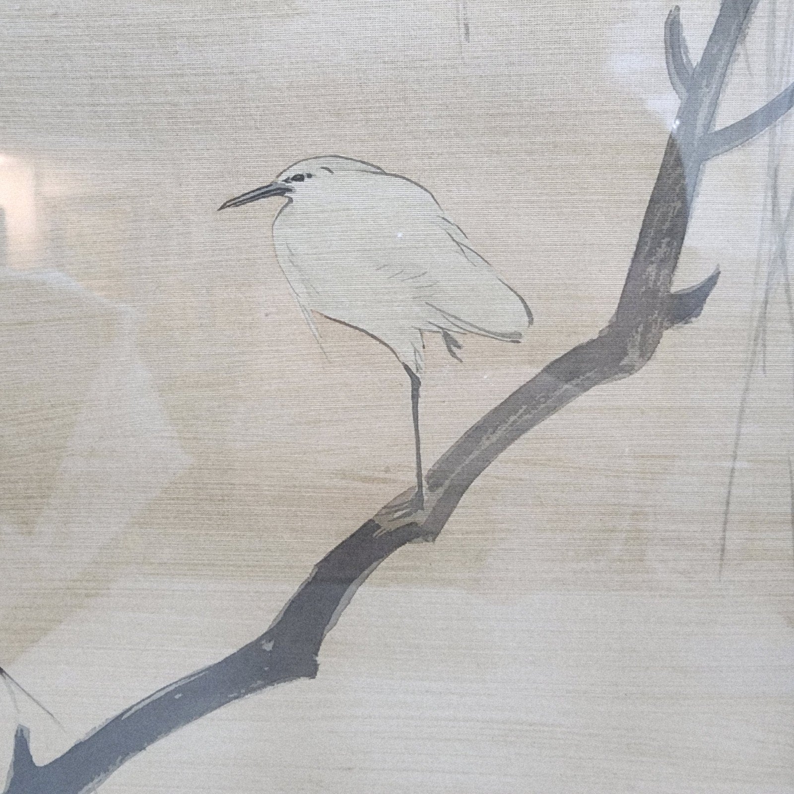 Meiji Period Heron and Flower Japanese Painting on Silk Kacho-Ga Framed
