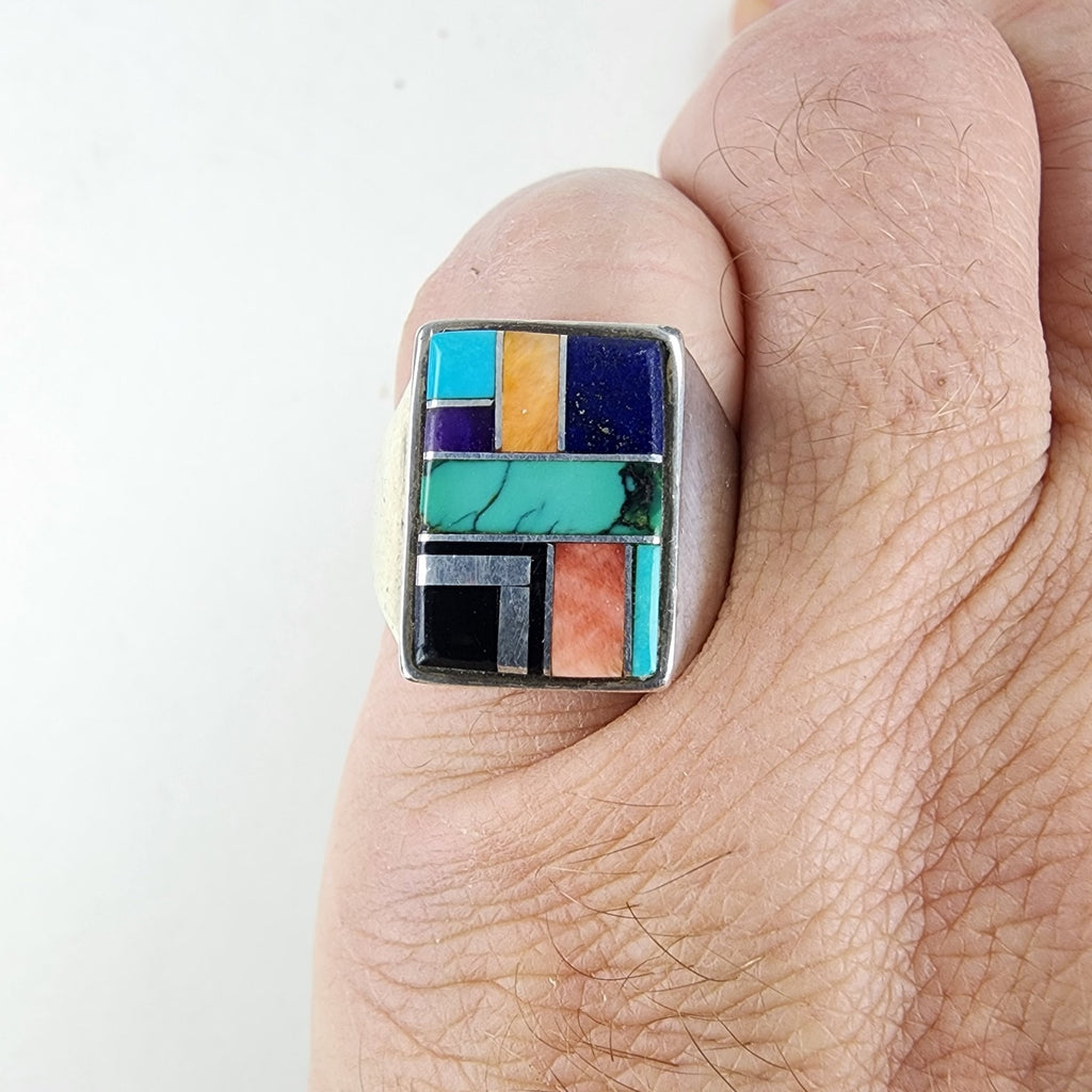 Touch of Santa Fe Inlay Ring Size 9 1/2 Turquoise Onyx Lapis Sterling Silver 925