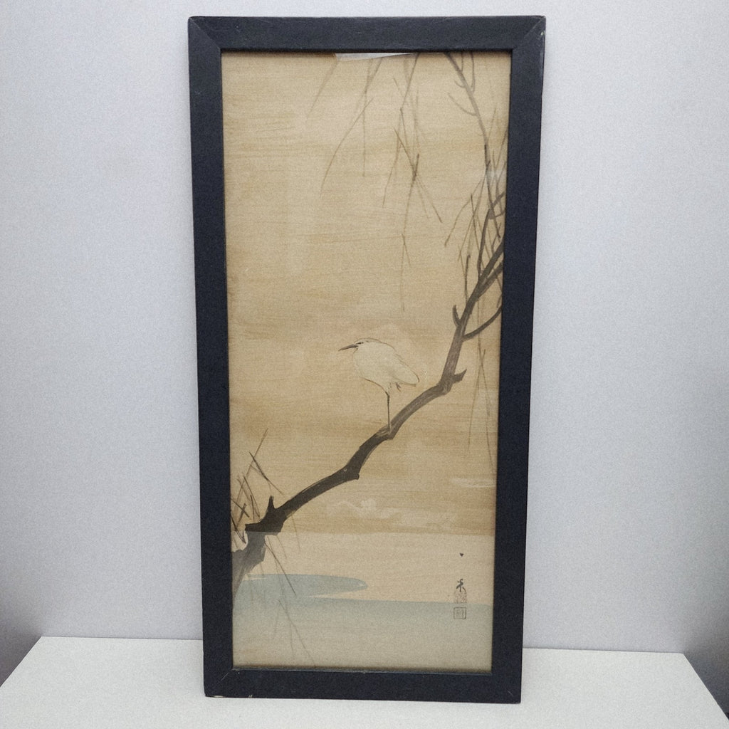 Meiji Period Heron and Flower Japanese Painting on Silk Kacho-Ga Framed