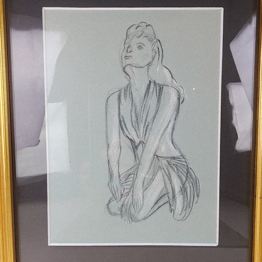 1945 Pair of PinUp Charcoal Pencil Sketches Female Figure Portrait Gold Frame