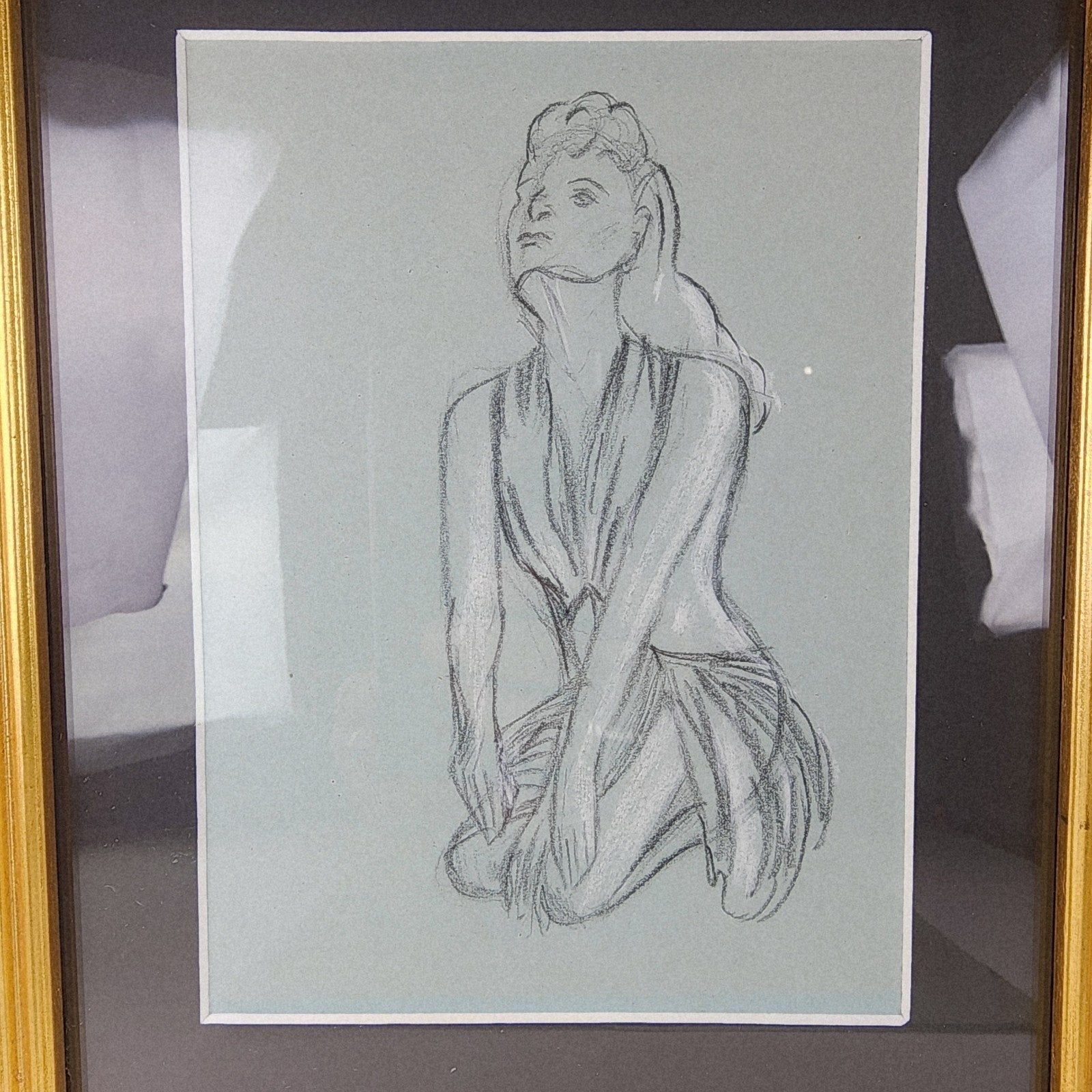 1945 Pair of PinUp Charcoal Pencil Sketches Female Figure Portrait Gold Frame