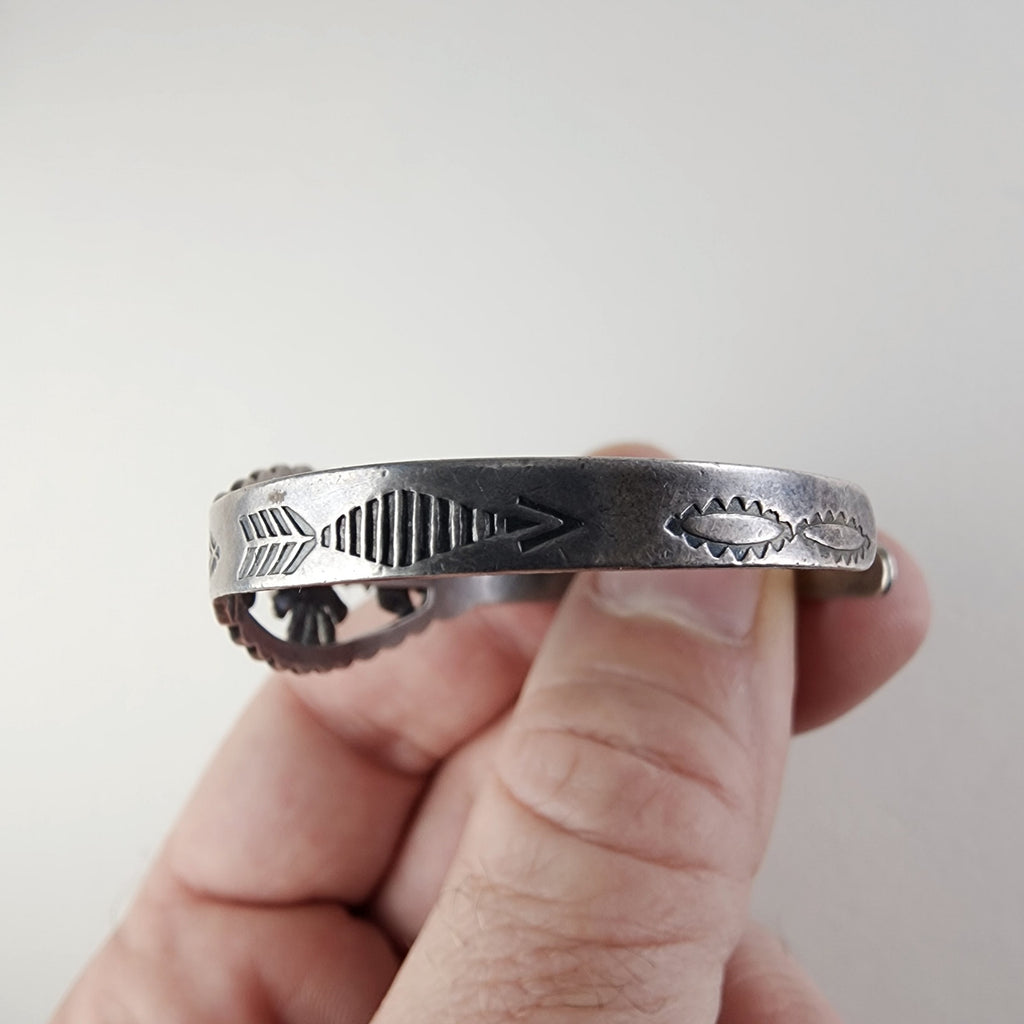 Fred Harvey Era Turquoise Stamped Thunderbird Bracelet in Sterling Silver 925