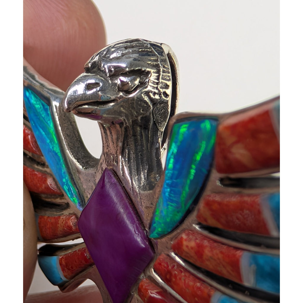 Bird Pendant Sterling Silver 925 Multistone Opal Turquoise Inlay Southwestern