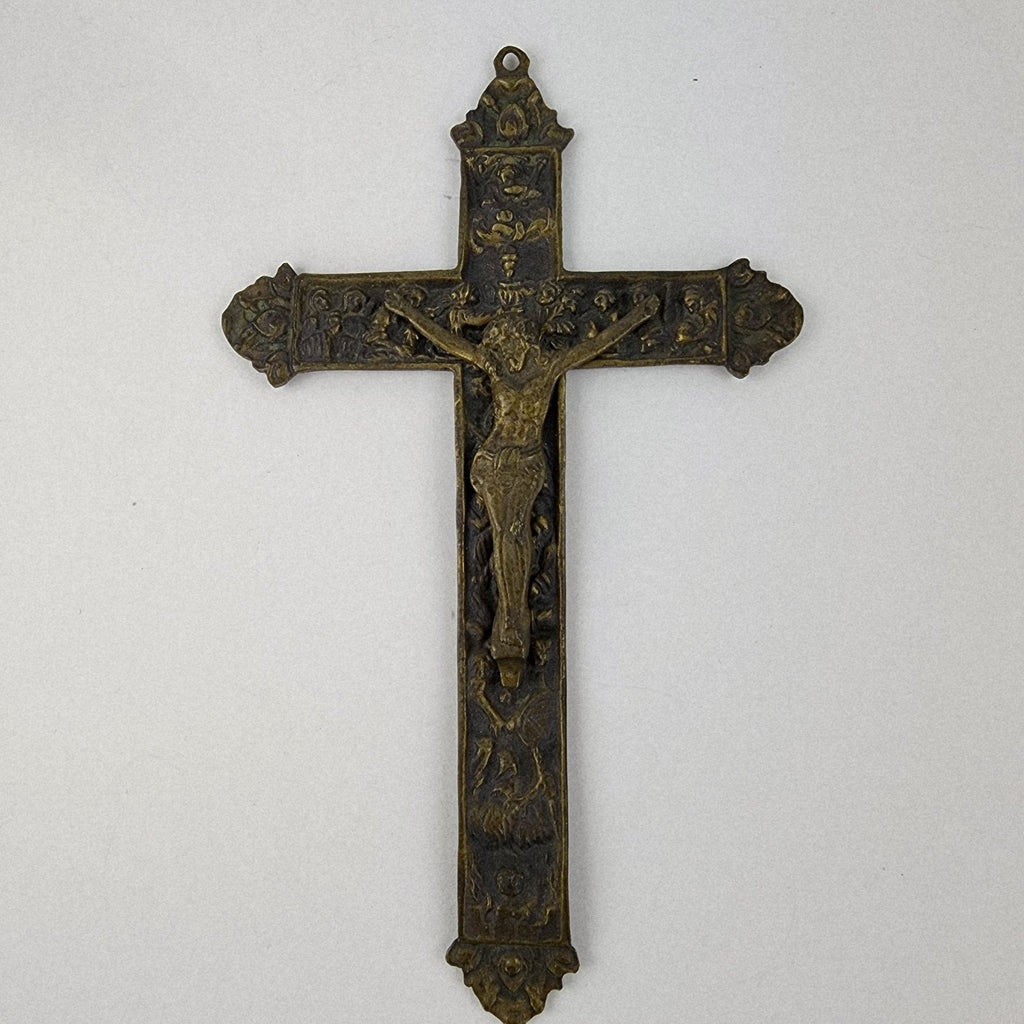 19th C European Baroque Bronze Crucifix Antique Relief Cross 7 1/2"