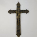 19th C European Baroque Bronze Crucifix Antique Relief Cross 7 1/2"