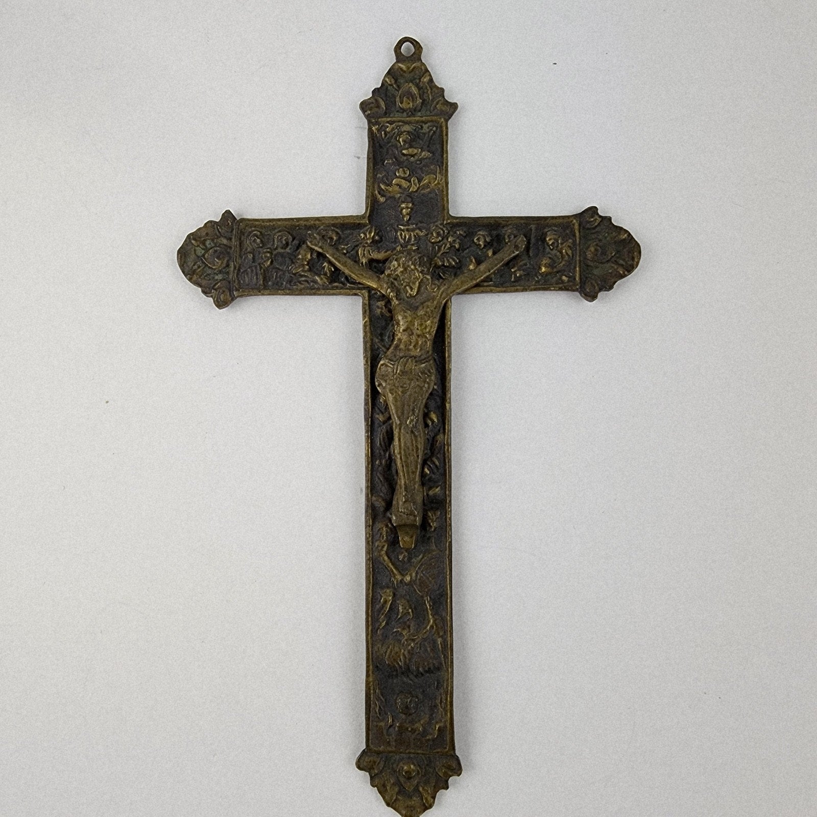 19th C European Baroque Bronze Crucifix Antique Relief Cross 7 1/2"
