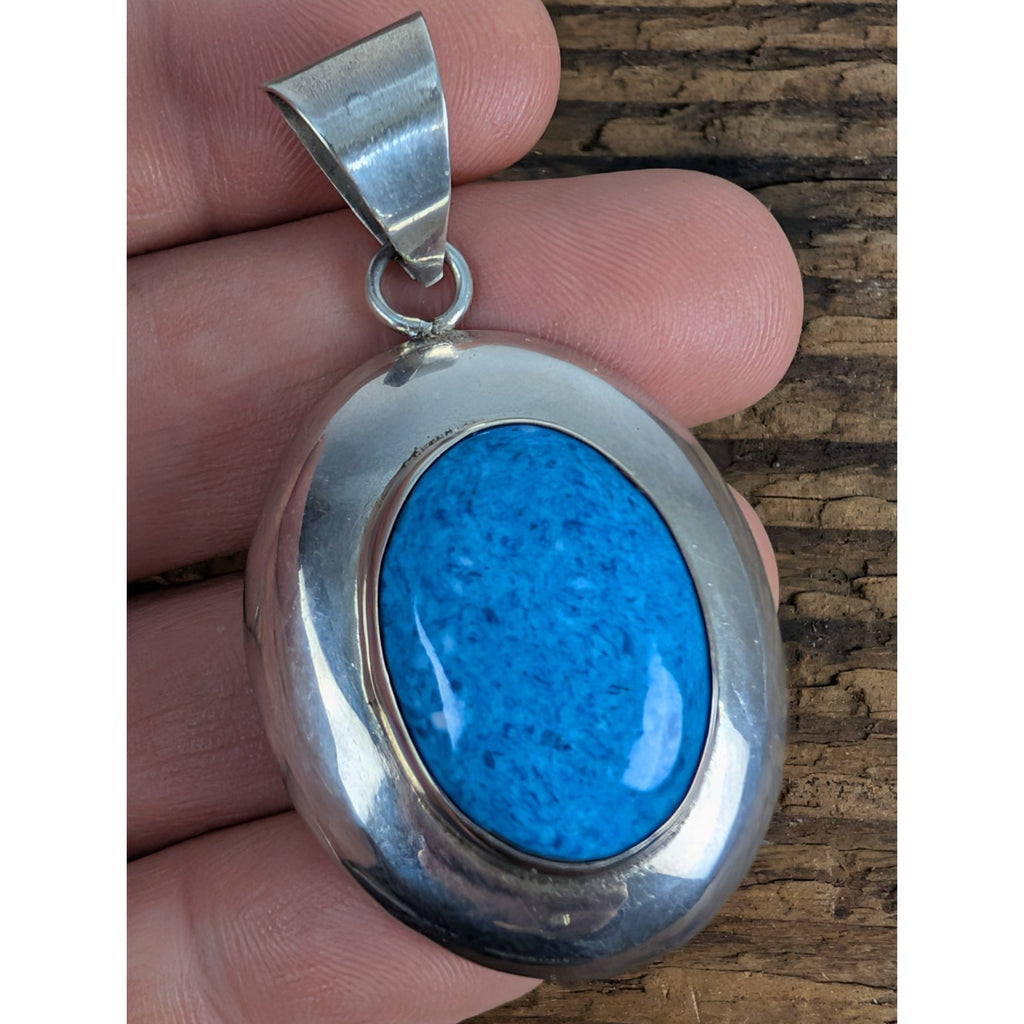 Modernist Mexico Oval Blue Agate Cabochon Sterling Silver 925 Pendant