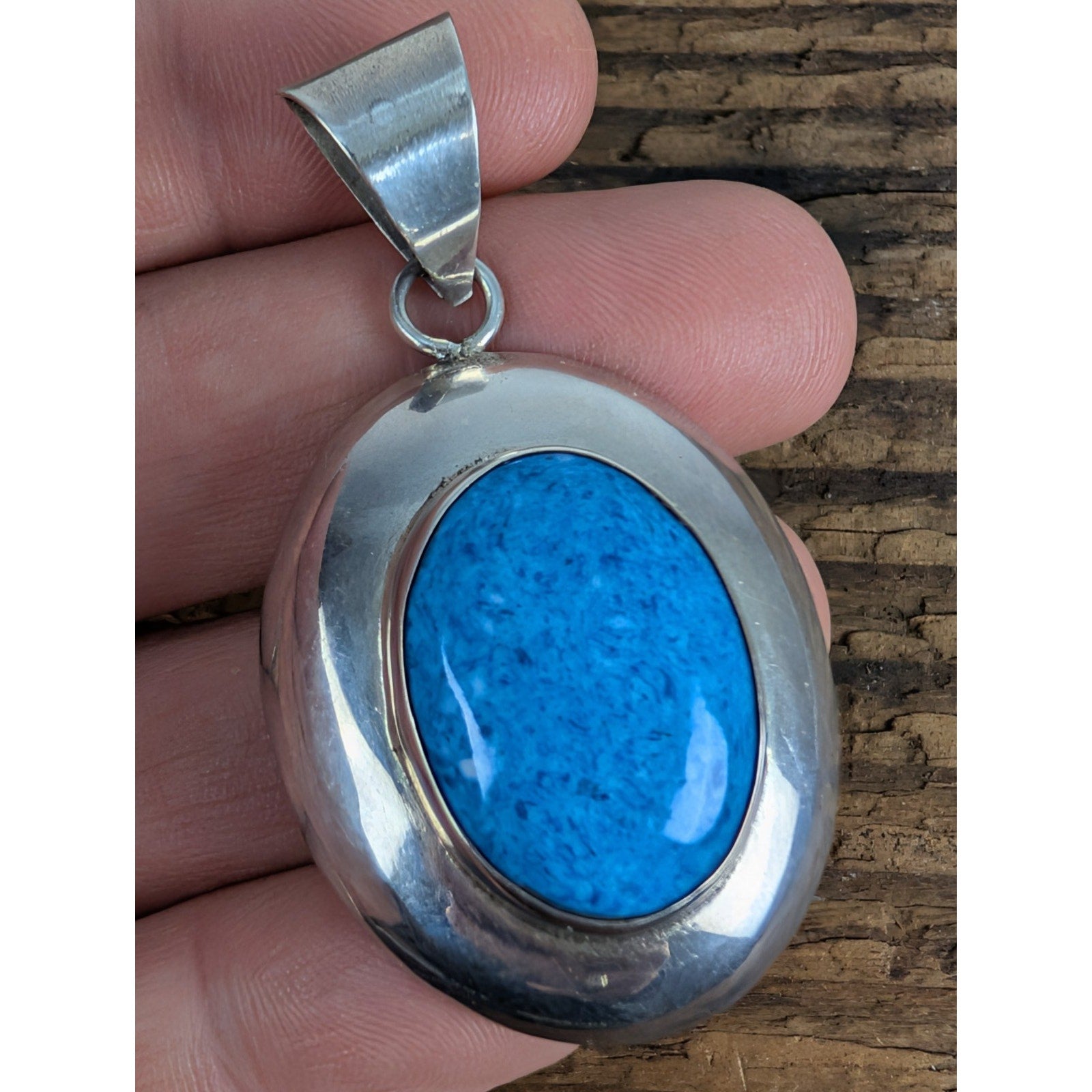 Modernist Mexico Oval Blue Agate Cabochon Sterling Silver 925 Pendant