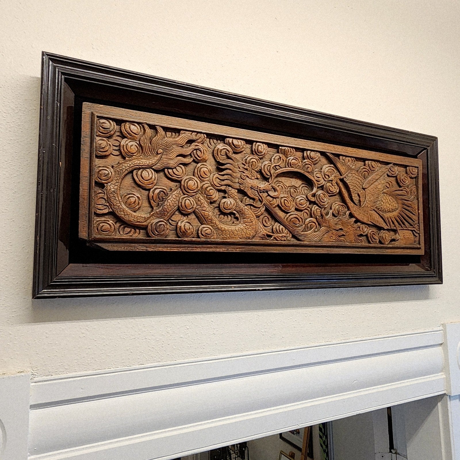 Qing Chinese Ruyi Dragon and Phoenix Prosperity Wood Carved Panel Framed Antique