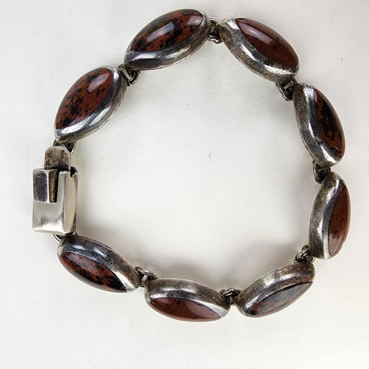 7 1/2" Mahogany Obsidian Inlay Taxco Bracelet Sterling Silver 950
