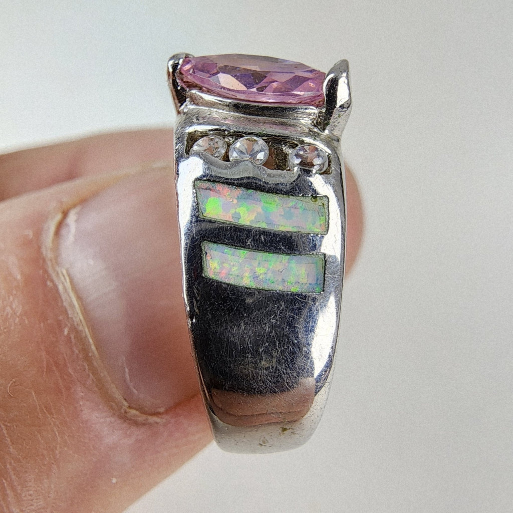 Opal Inlay Amethyst Ring Size 8 1/2 Sterling Silver 925 Vintage